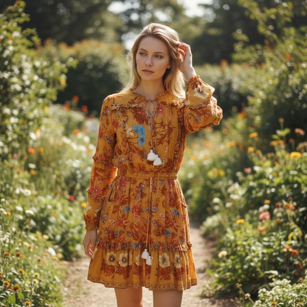 Aly Daly Floral Print Dress Size M Bohemian Cottagecore Autumn Casual